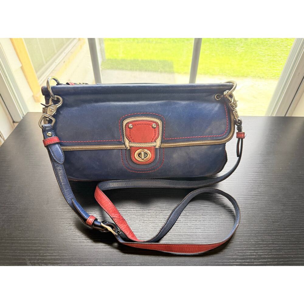 Coach Legacy Leather Turnlock Flap Shoulder Bag Blue Red Cream Crossbody Y2K Era - Picture 3 of 16